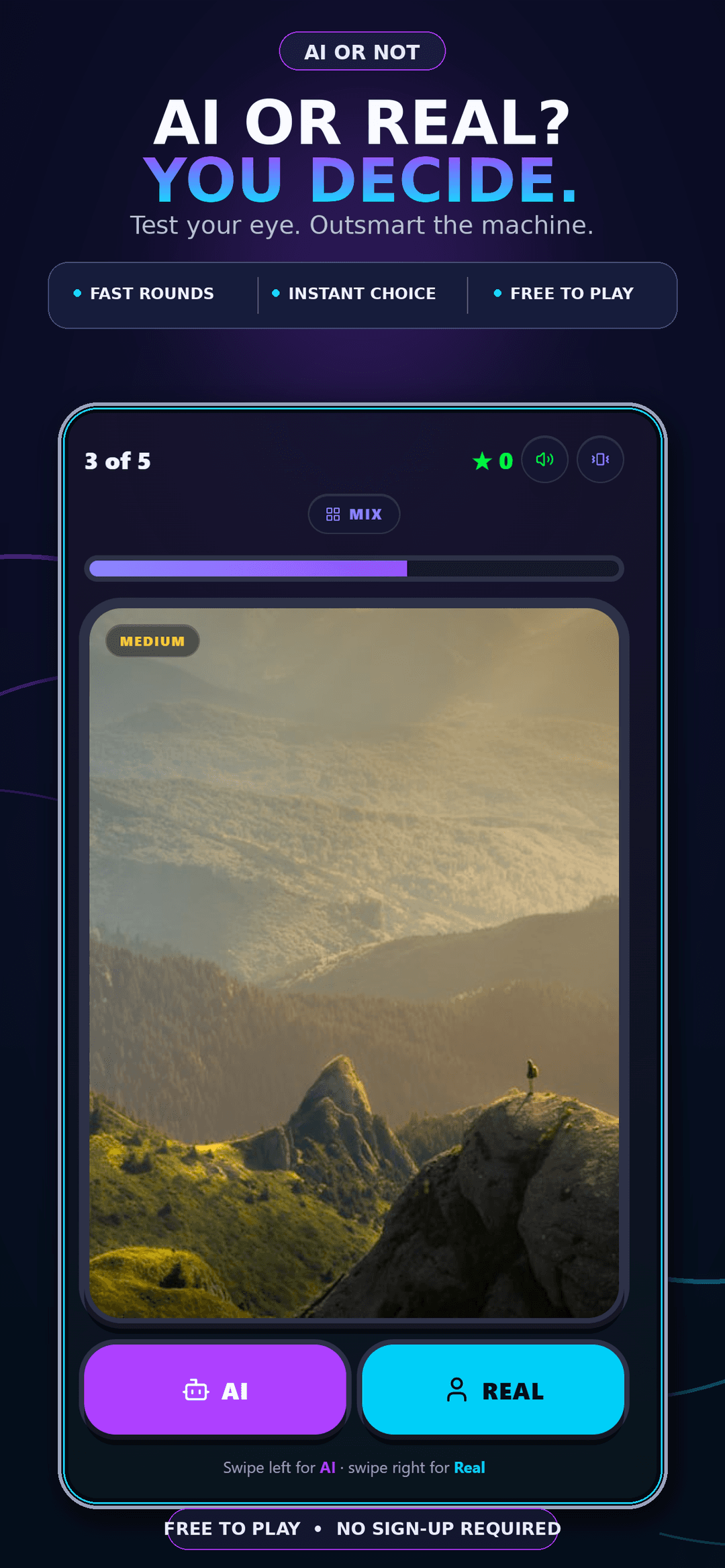 AI or Not gameplay screen showing AI or Real decision buttons