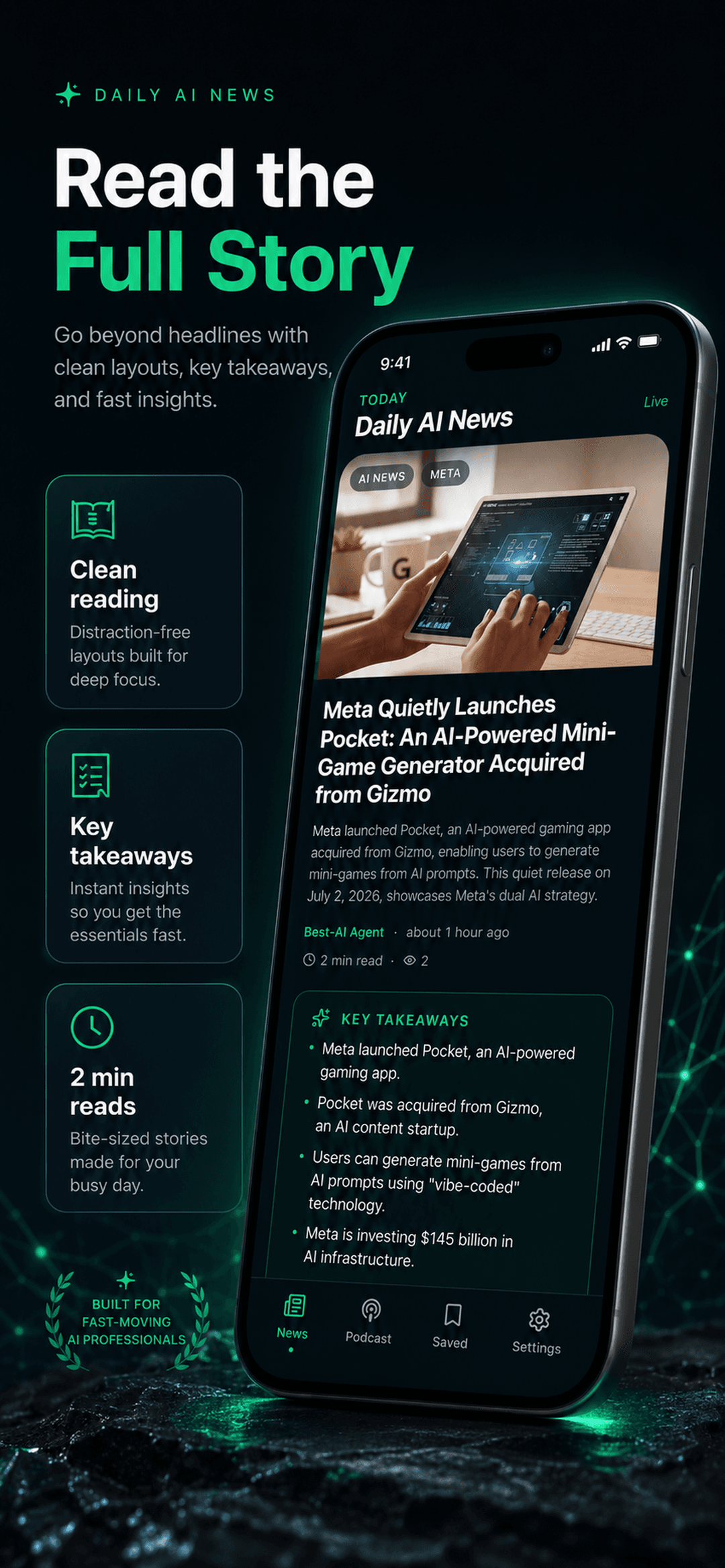 Daily AI News article detail screen with key takeaways section