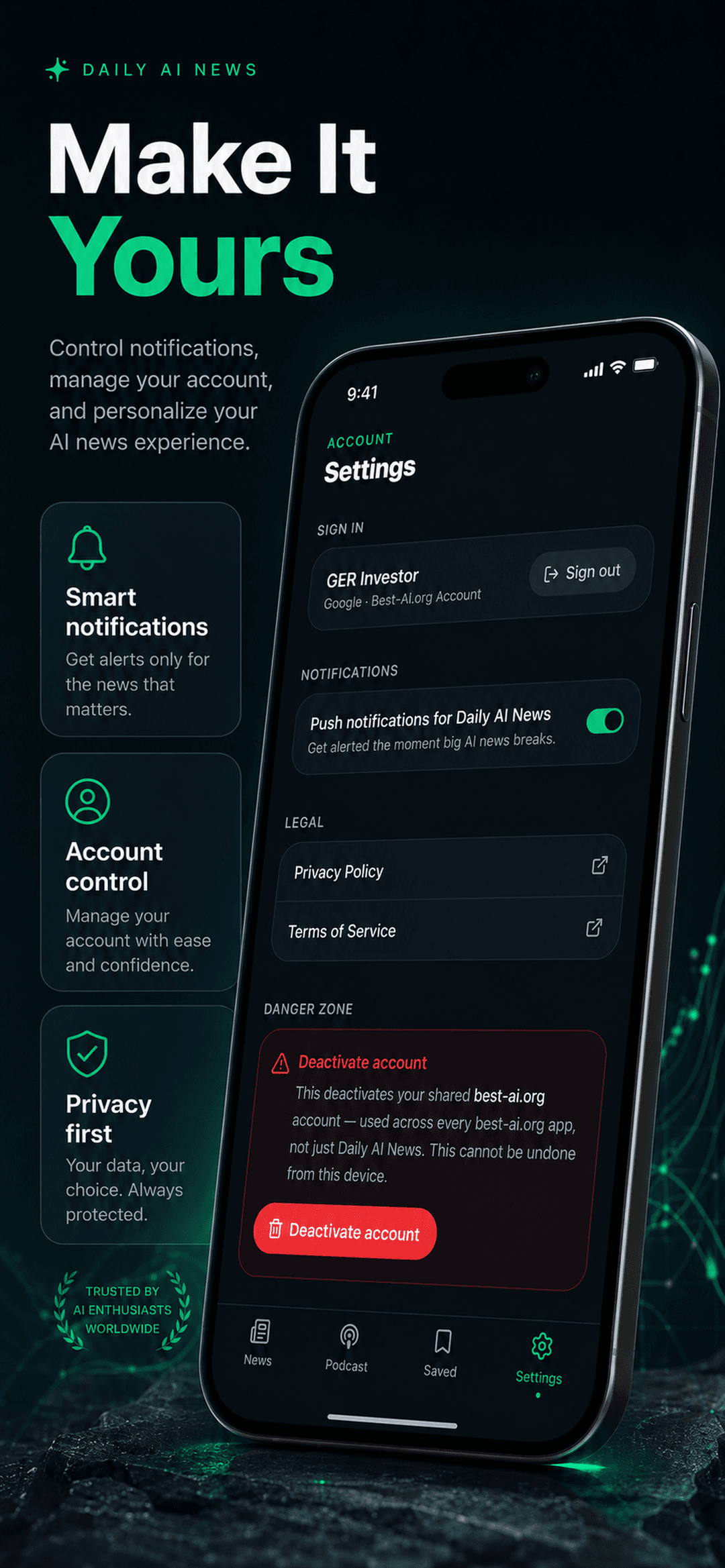 Daily AI News account settings screen with notifications and privacy controls