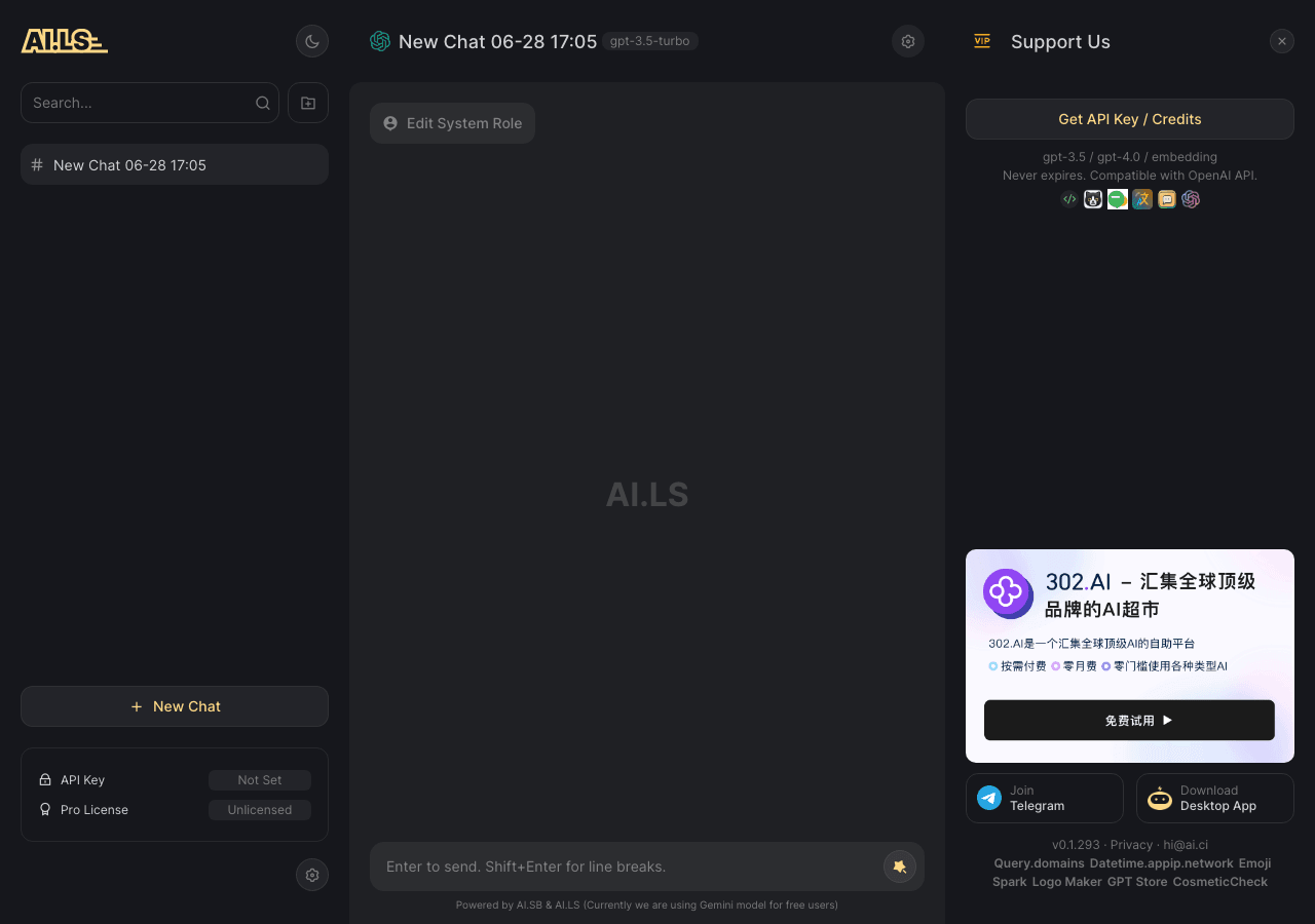 AI.LS Conversational AI showing Conversational AI - A free, elegant UI for chatting with ChatGPT, GPT-4, and Claude