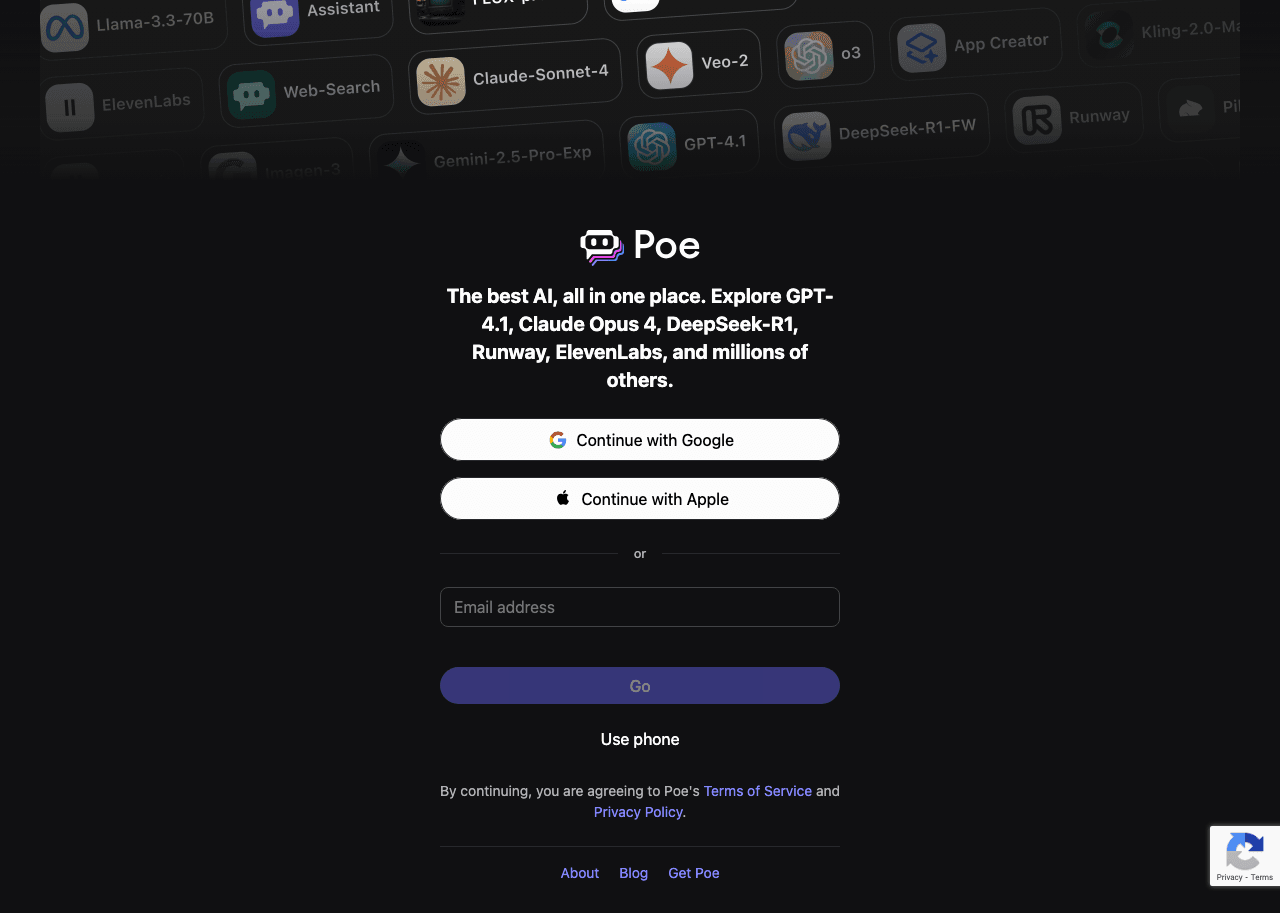 Poe Conversational AI showing Conversational AI - 100+ AI models. One seamless experience.