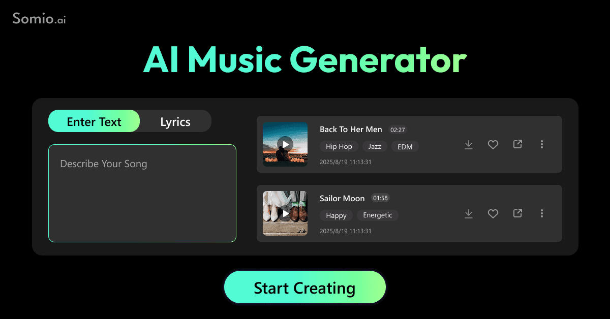 Somio AI Music Generation showing Music Generation - Online AI Music Generator - Create Music with AI for Free