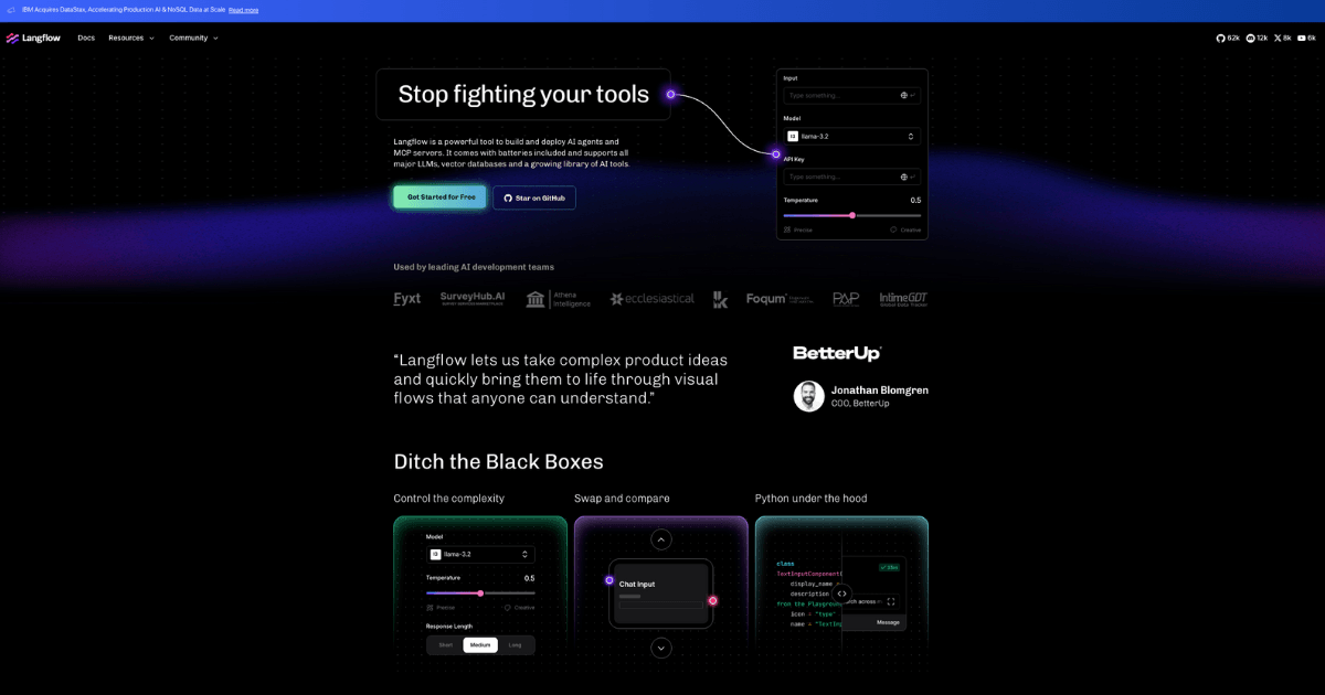 Langflow AI Agents showing AI Agents - Low-code AI builder for agentic and RAG applications
