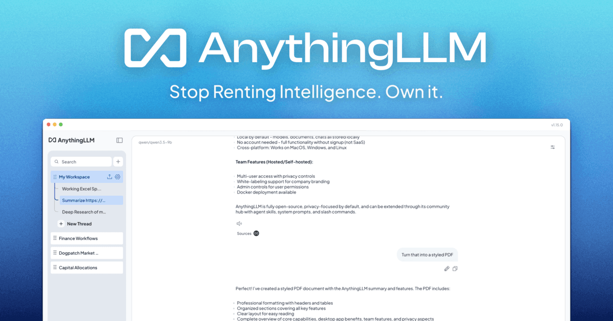 AnythingLLM Conversational AI showing Conversational AI - On-device AI for productivity — local and private