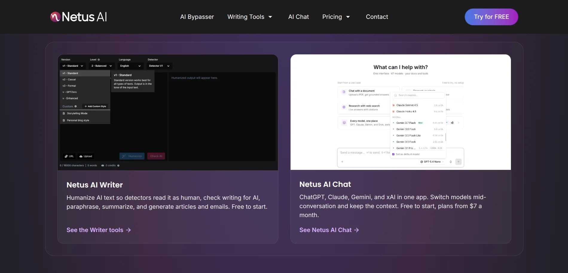 Netus AI Writing & Translation showing Writing & Translation - AI Humanizer, AI Detector & Multi AI Chat