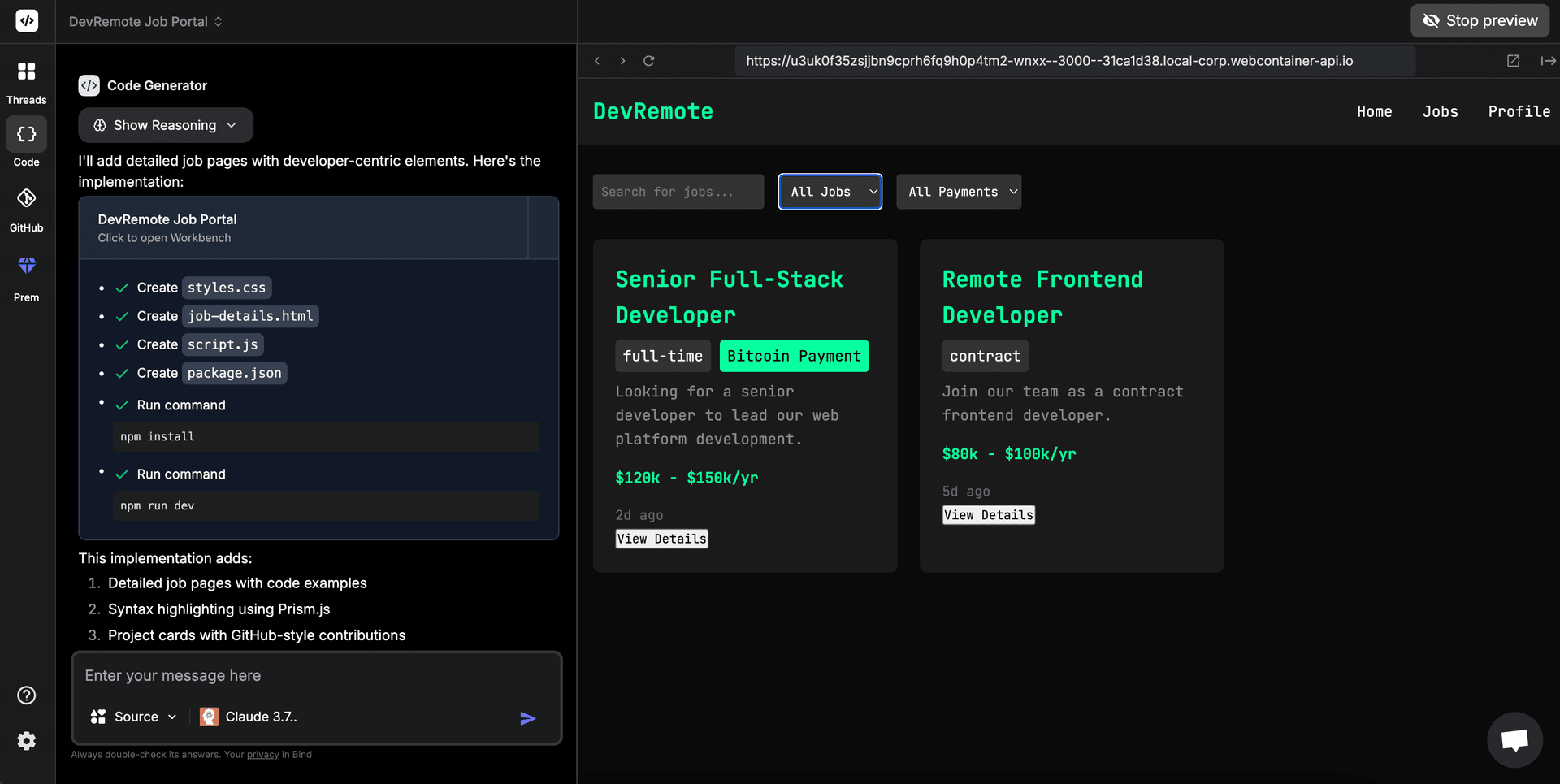 Bind AI Code Assistance showing Code Assistance - Code Editor and AI Chat