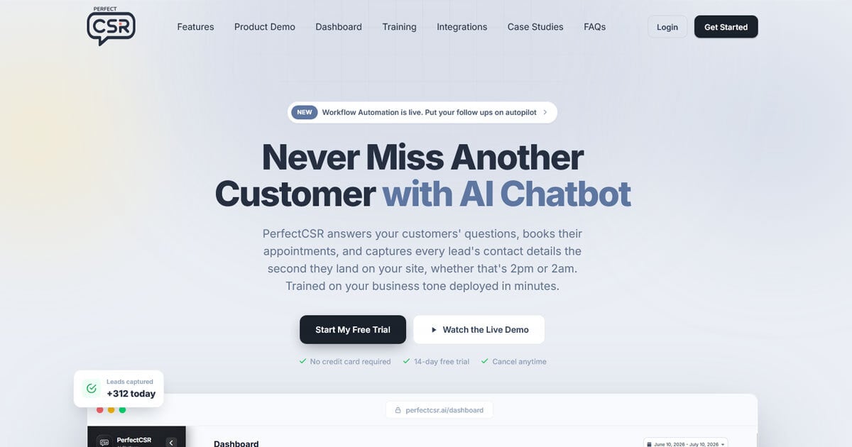 PerfectCSR Conversational AI showing Conversational AI - AI chatbots that turn website visitors into customers