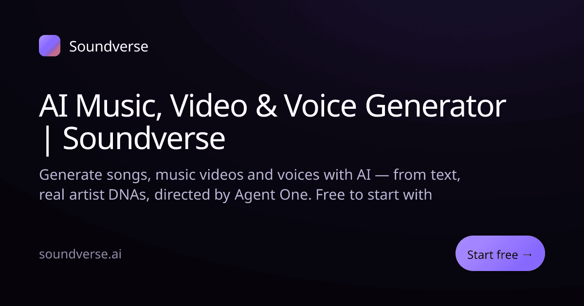 SoundVerse AI Music Generation showing Music Generation - AI studio for music, video, and voice — directed by Agent One.