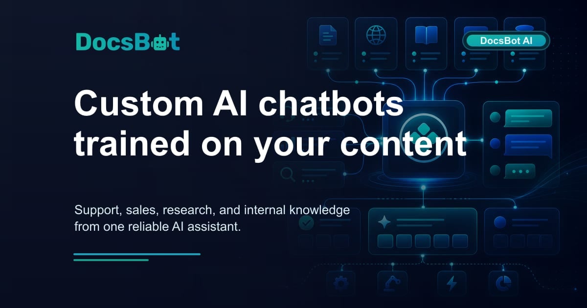 DocsBot AI Conversational AI showing Conversational AI - Custom AI chatbots trained on your content for instant, accurate ans