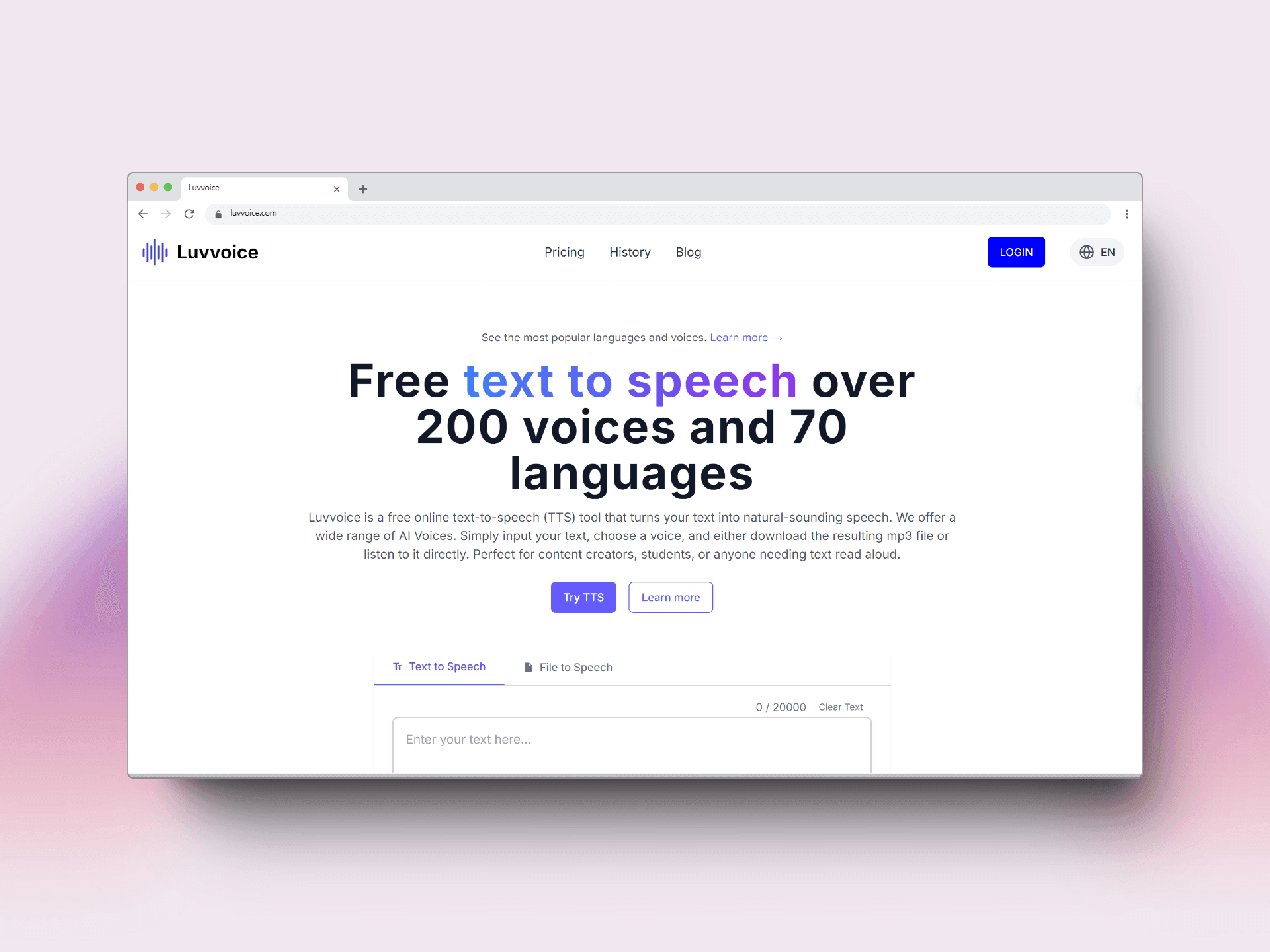 Luvvoice Audio Generation showing Audio Generation - Free, unlimited AI text-to-speech with 200+ natural voices in 70+ langua