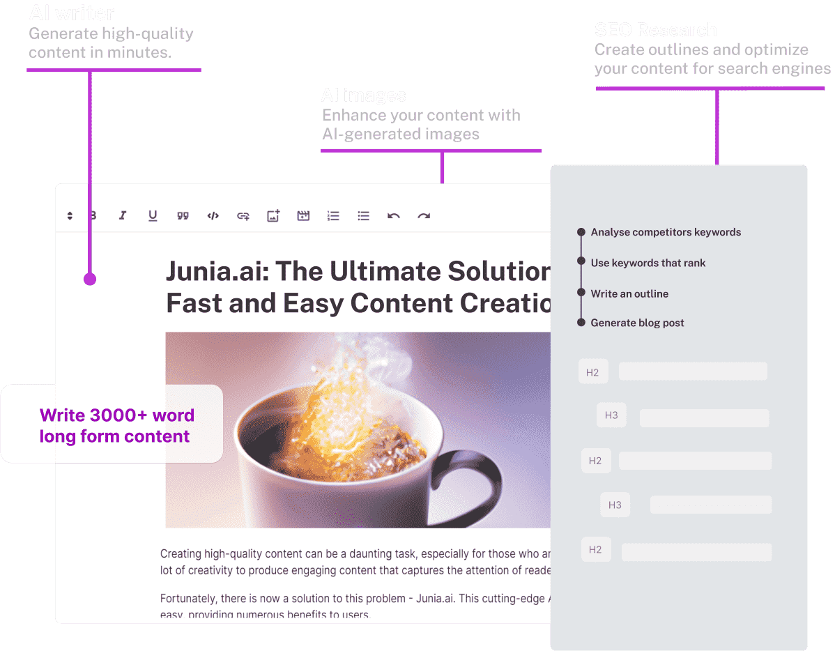 Junia AI Writing & Translation showing Writing & Translation - AI SEO writer that ranks on Google and ChatGPT — Autoblog incl