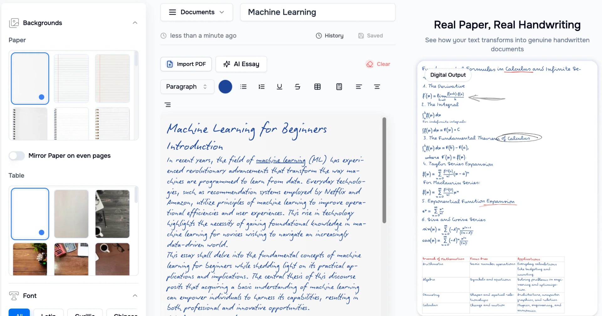 HandtextAI Writing & Translation showing Writing & Translation - Transform digital text into authentic handwritten documents—