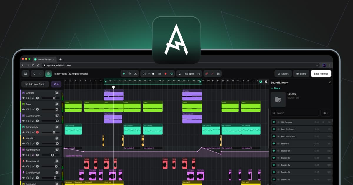 Amped Studio Music Generation showing browser-based daw - The Cloud Digital Audio Workstation