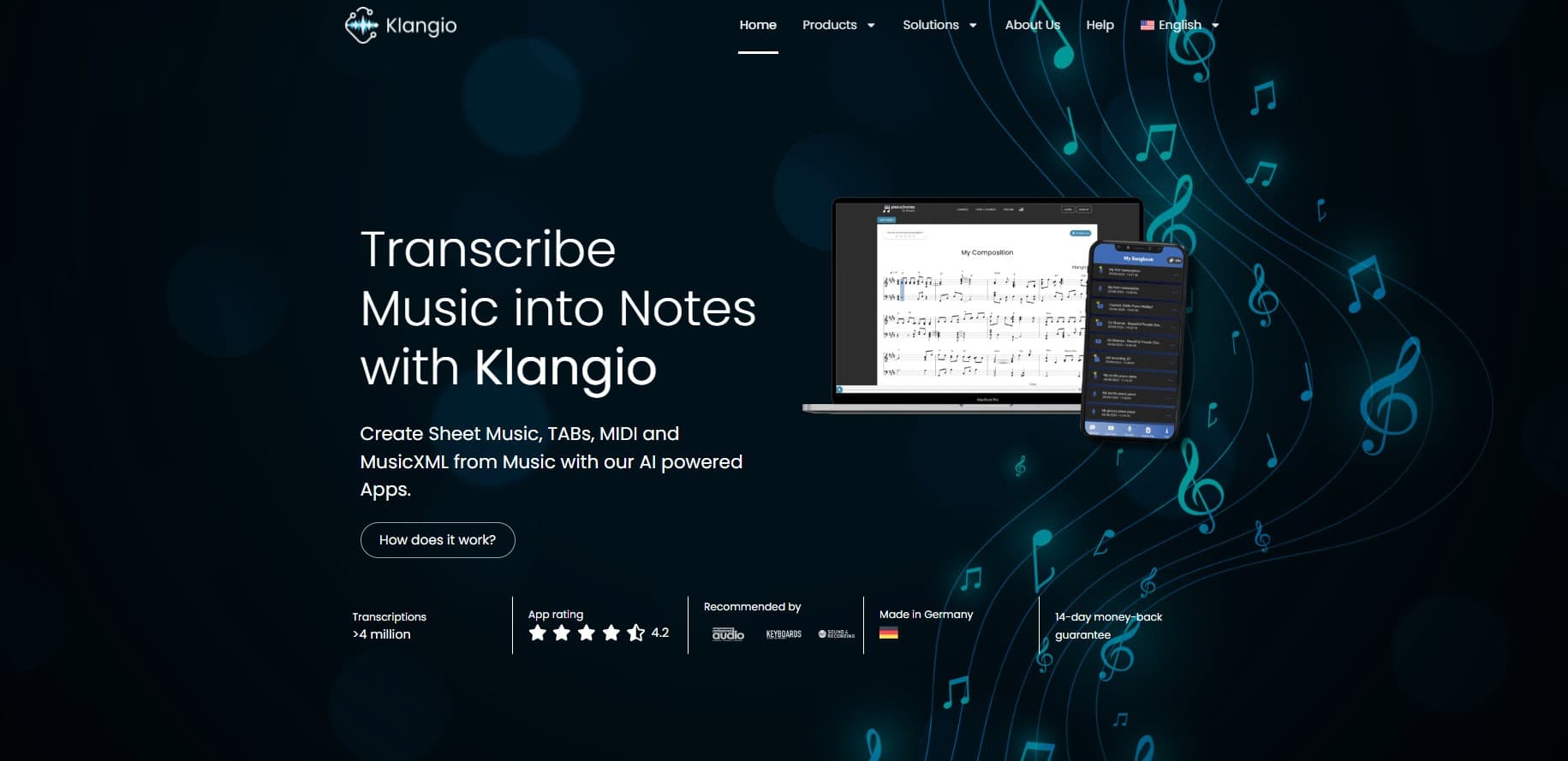 Klangio Audio Editing showing music transcription - AI music transcription: audio to sheet music