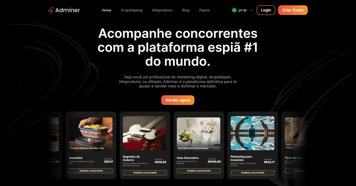 Adminer Data Analytics showing Data Analytics - Spy on winning offers, products, and creatives