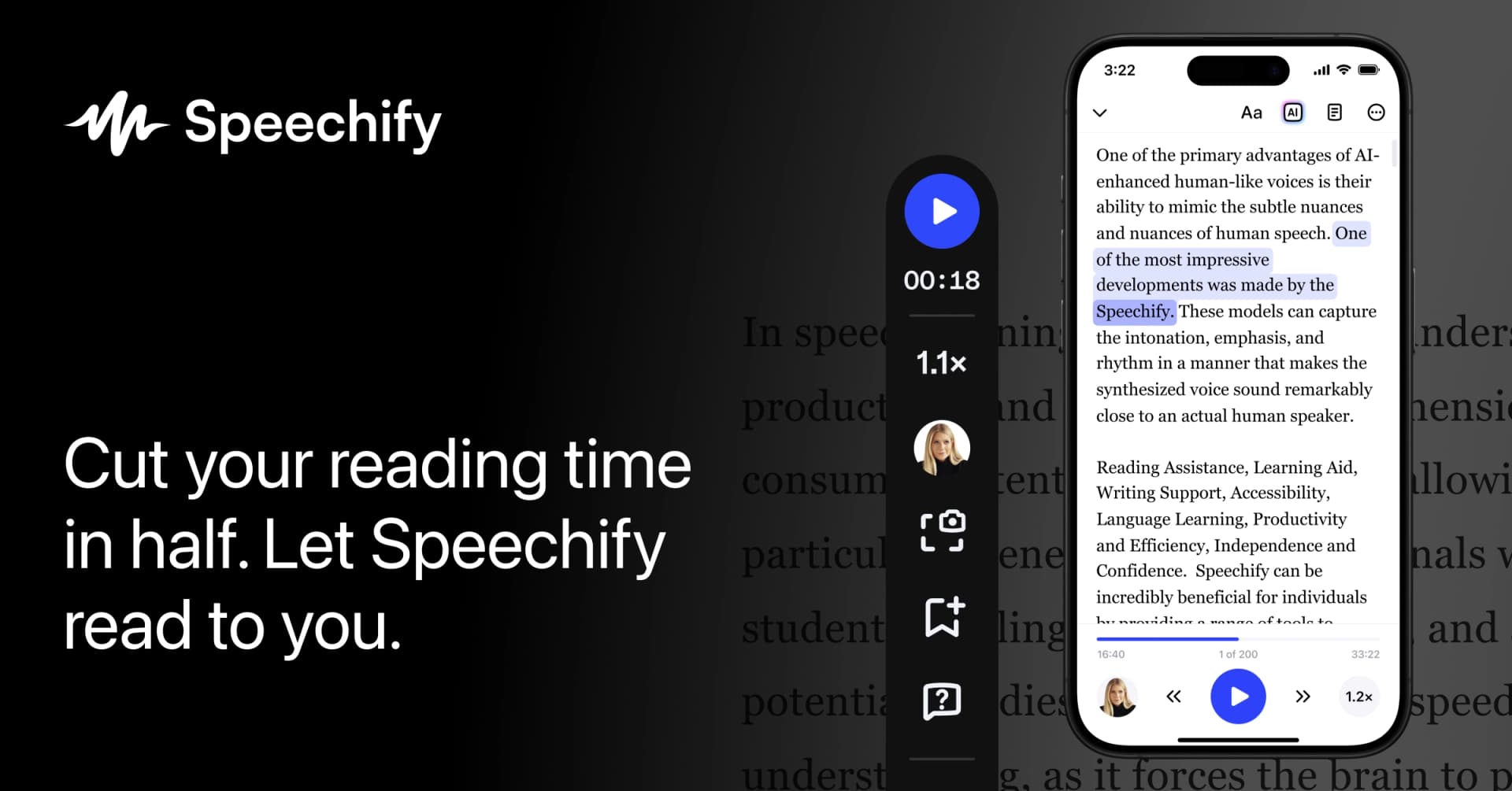 Speechify Audio Generation showing text-to-speech - Read, write, and understand anything with AI voices
