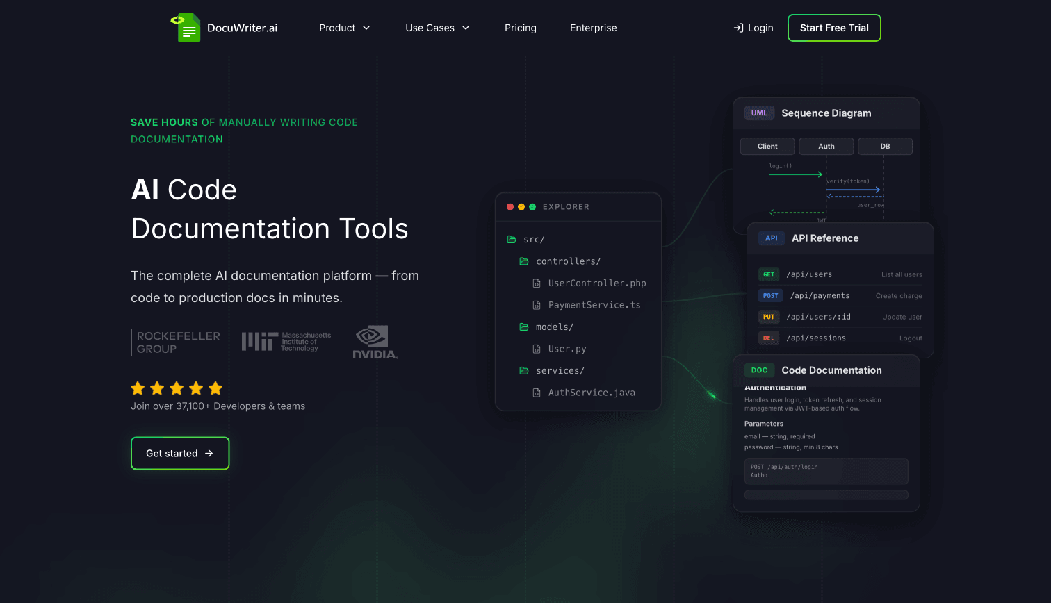 DocuWriter.ai Code Assistance showing Code Assistance - Transforming code into precise AI-generated documentation.