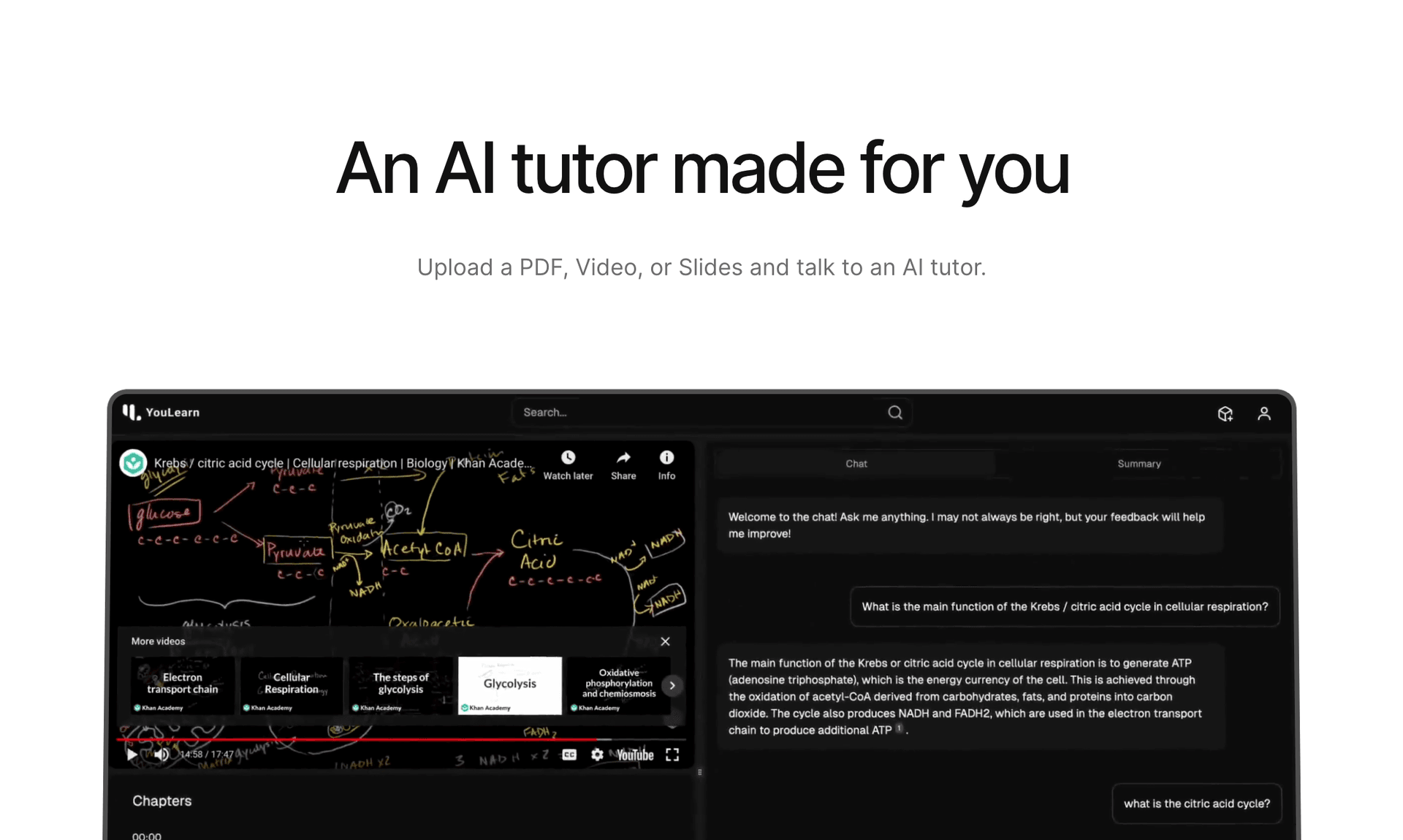 YouLearn Conversational AI showing Conversational AI - An AI tutor made for you and your learning materials