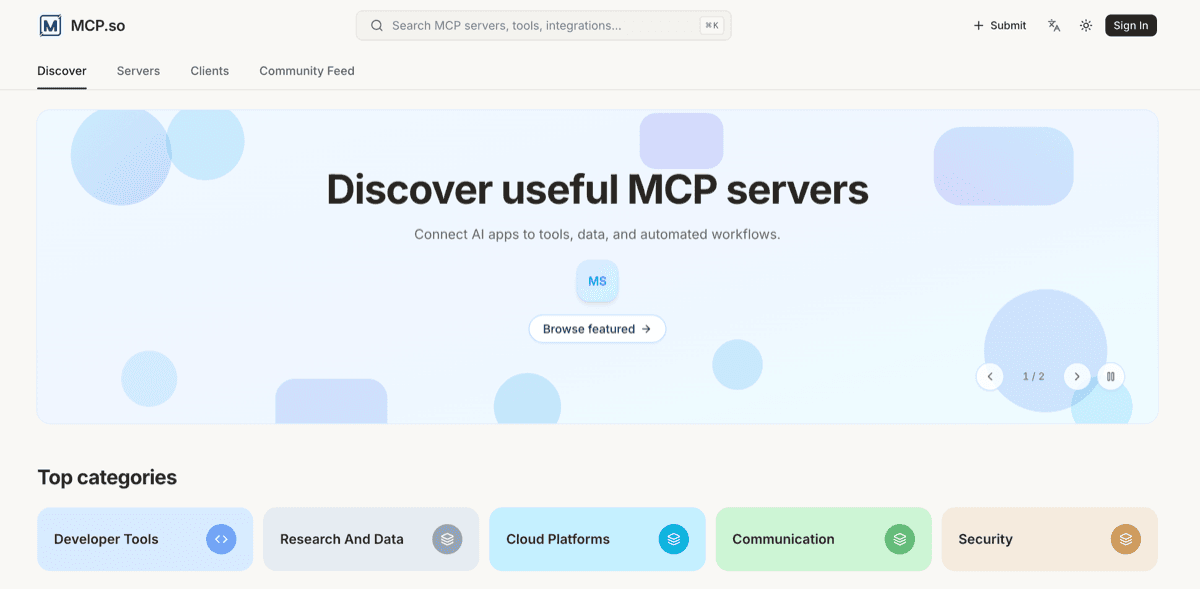 MCP Servers Code Assistance showing mcp servers - Discover and share MCP servers for your AI agents