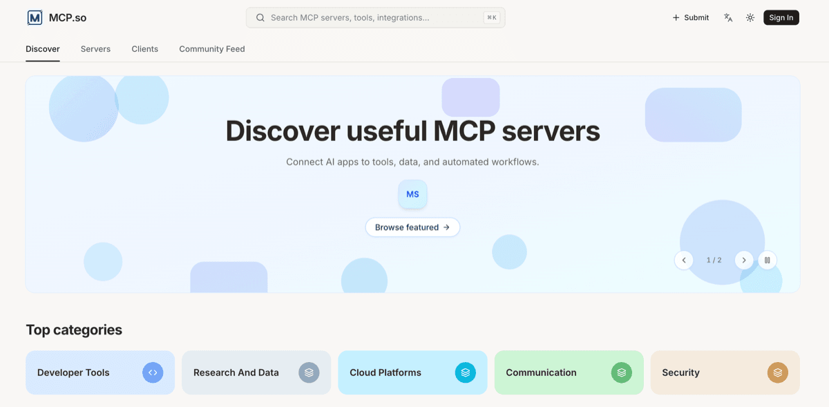 MCP Servers Code Assistance showing Code Assistance - Discover and share MCP servers for your AI agents