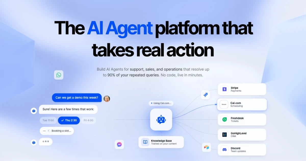 YourGPT Conversational AI showing Conversational AI - The AI Agent platform that takes real action