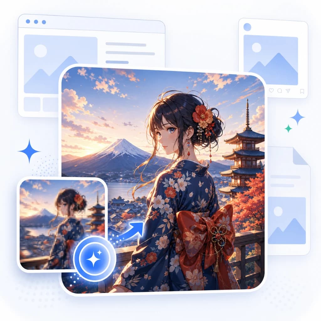ImgUpscaler Design showing ai image upscaling - Upscale and enhance images to ultra-high resolution—free, fast, and easy