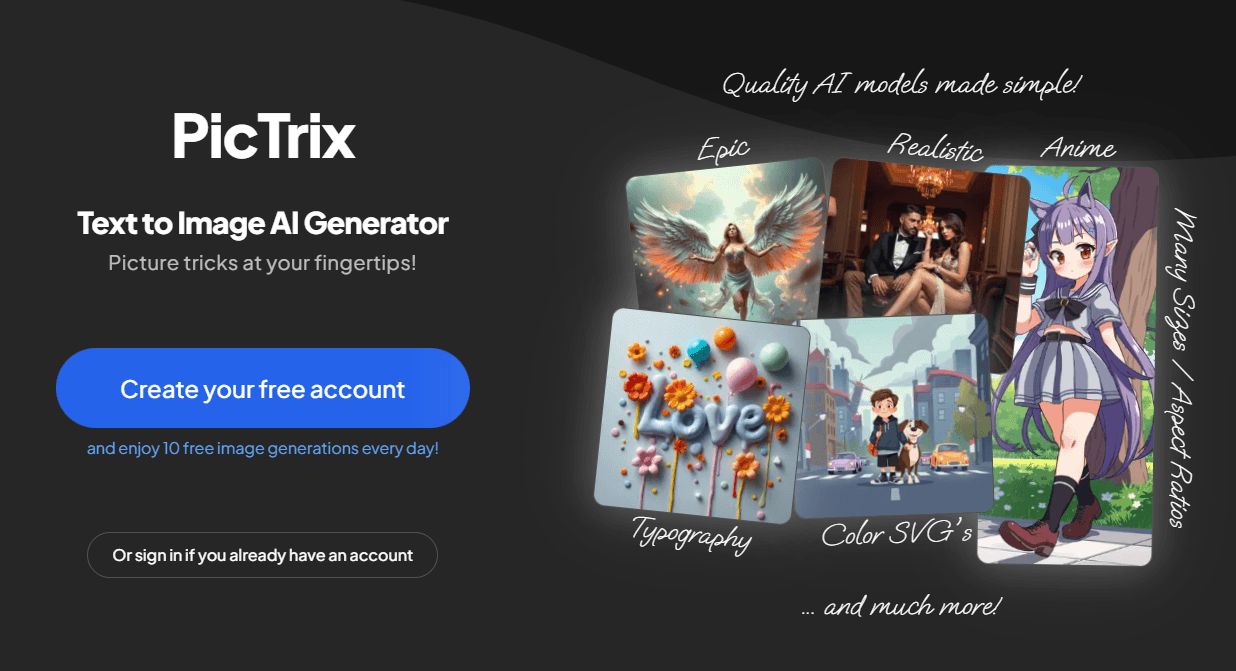 PicTrix Image Generation showing Image Generation - AI-powered text & image to SVG generator