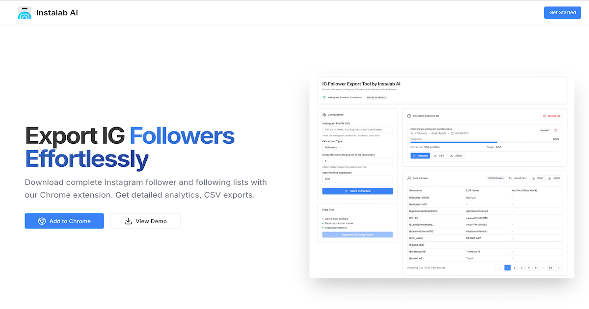 IG Follower Export Tool by Instalab AI Marketing Automation showing Marketing Automation - Export Instagram followers & follo