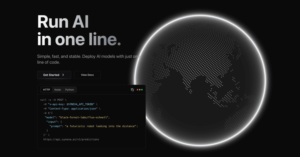 Synexa AI Code Assistance showing Code Assistance - Empowering AI Solutions