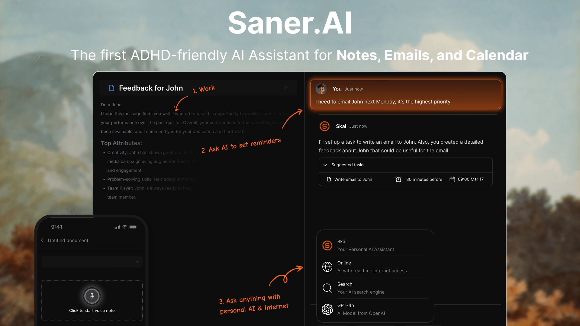 Saner.AI Conversational AI showing Conversational AI - Turn chaos into clarity.