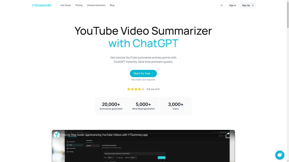YTSummary Search & Discovery showing Search & Discovery - Master YouTube videos with instant AI summaries