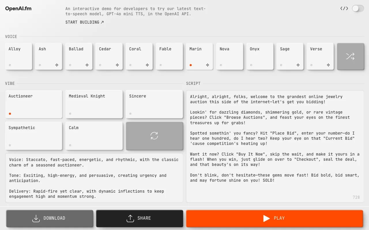 OpenAI.fm Audio Generation showing text to speech - An interactive demo of OpenAI's text-to-speech API