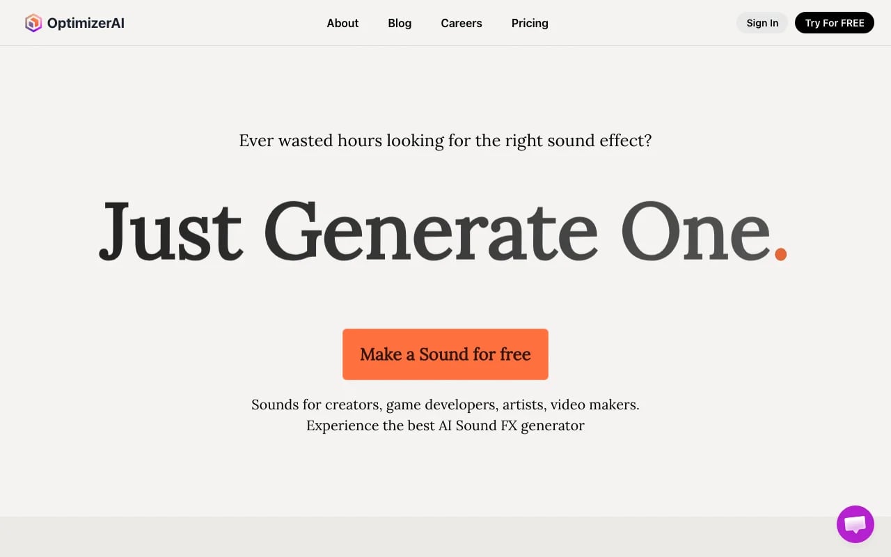 OptimizerAI Audio Generation showing Audio Generation - Create unlimited AI-generated sound effects from text prompts.