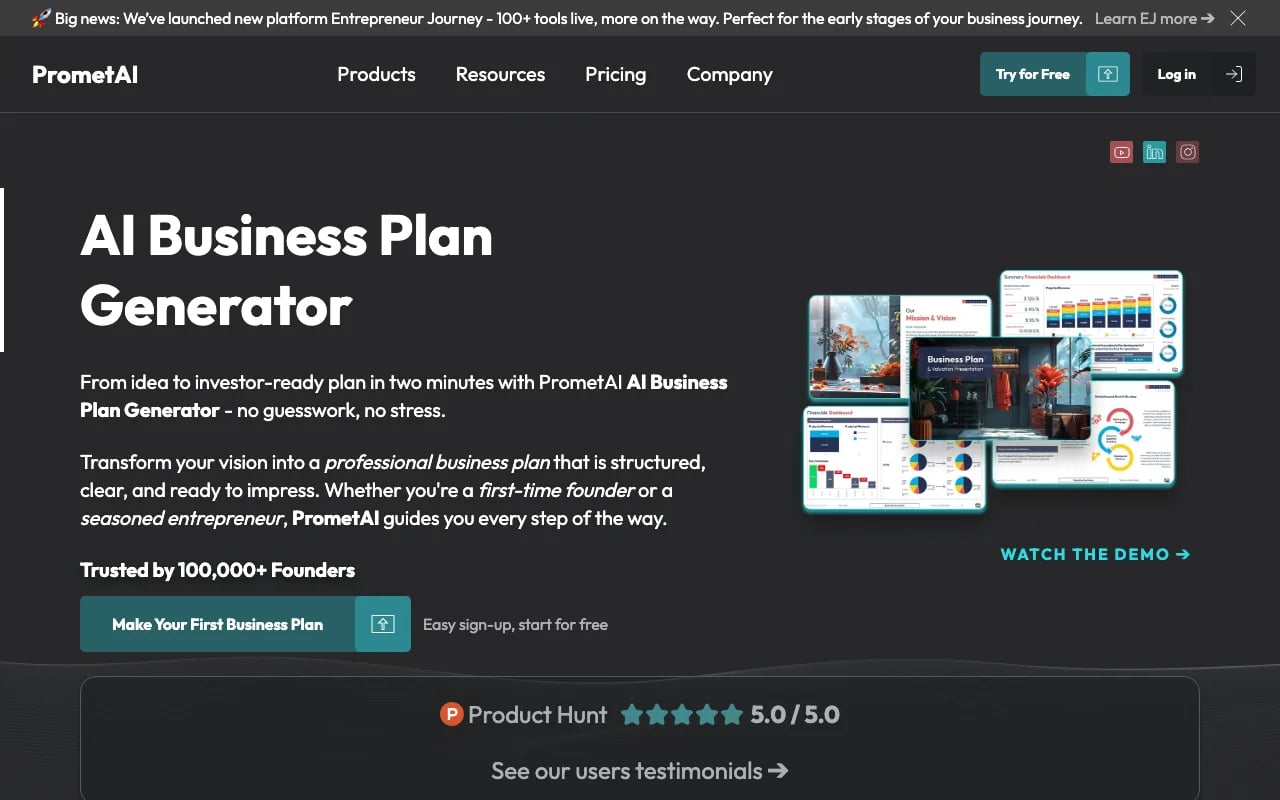 PrometAI Productivity & Collaboration showing Productivity & Collaboration - From idea to investor-ready business plan in min