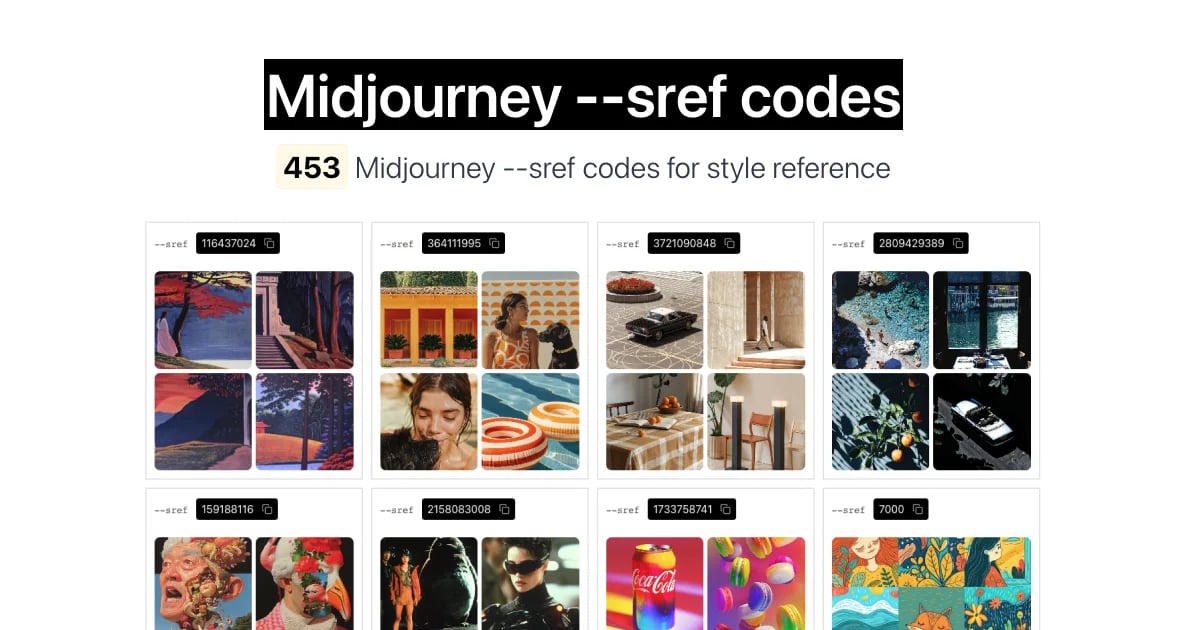 Midjourney Sref Codes Library Image Generation showing Image Generation - Discover, combine, and master Sref codes for unique