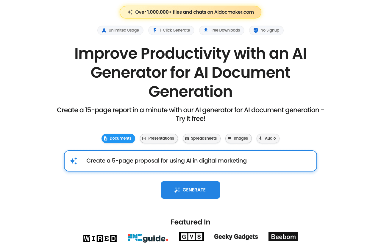 Aidocmaker Productivity & Collaboration showing Productivity & Collaboration - Streamline your document creation