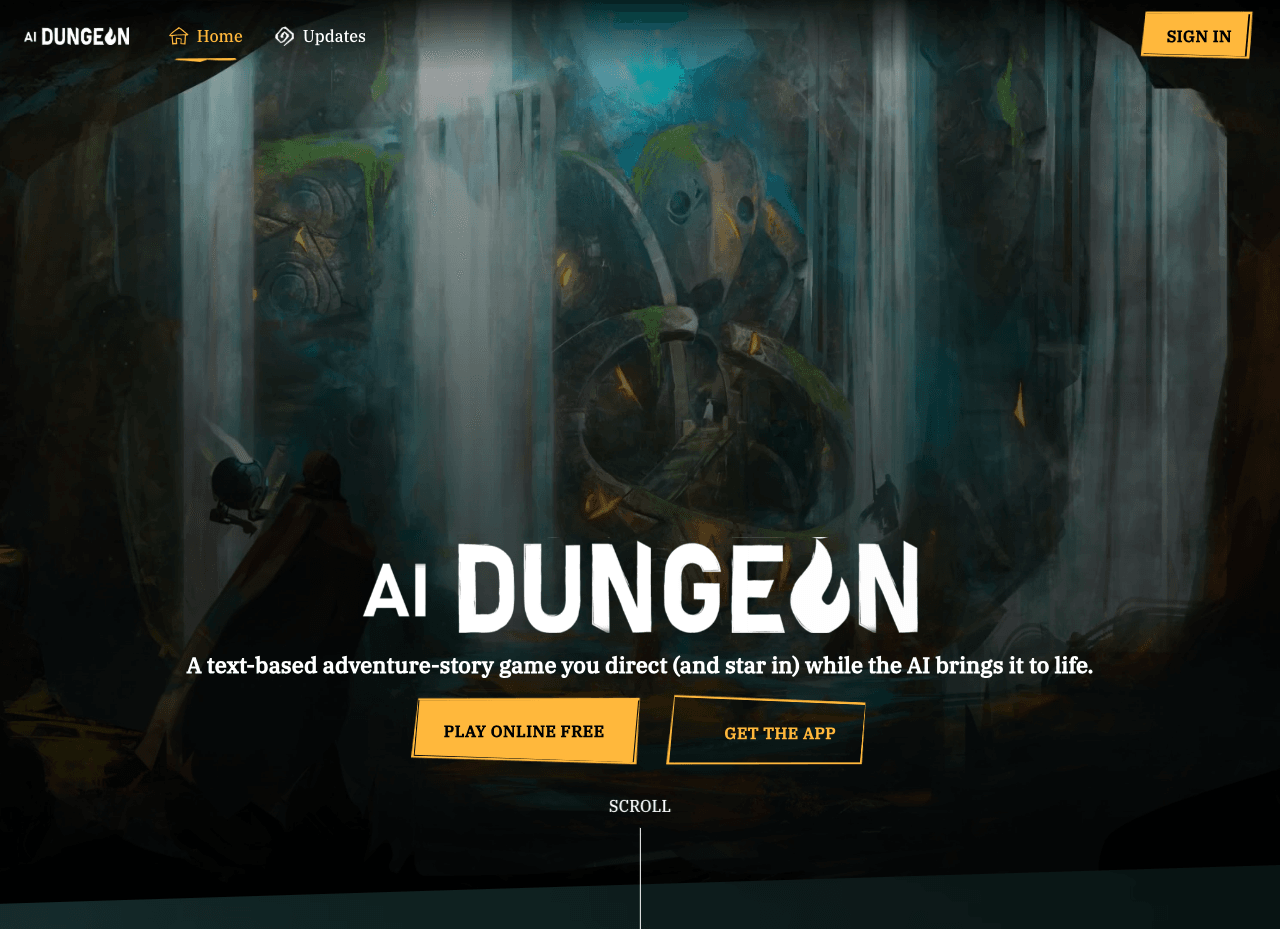 AI Dungeon Conversational AI showing Conversational AI - Infinite possibilities. Endless stories.
