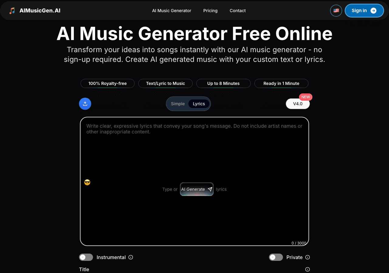 AIMusicGen.ai Audio Generation showing ai music generator - Transform your ideas into songs. Instantly. Professionally. Royal