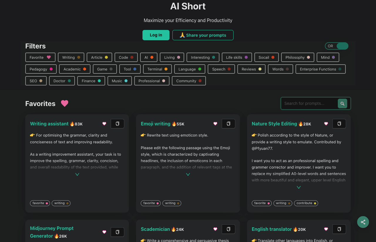 AiShort (ChatGPT Shortcut) Productivity & Collaboration showing Productivity & Collaboration - Curated AI prompts, ready to c