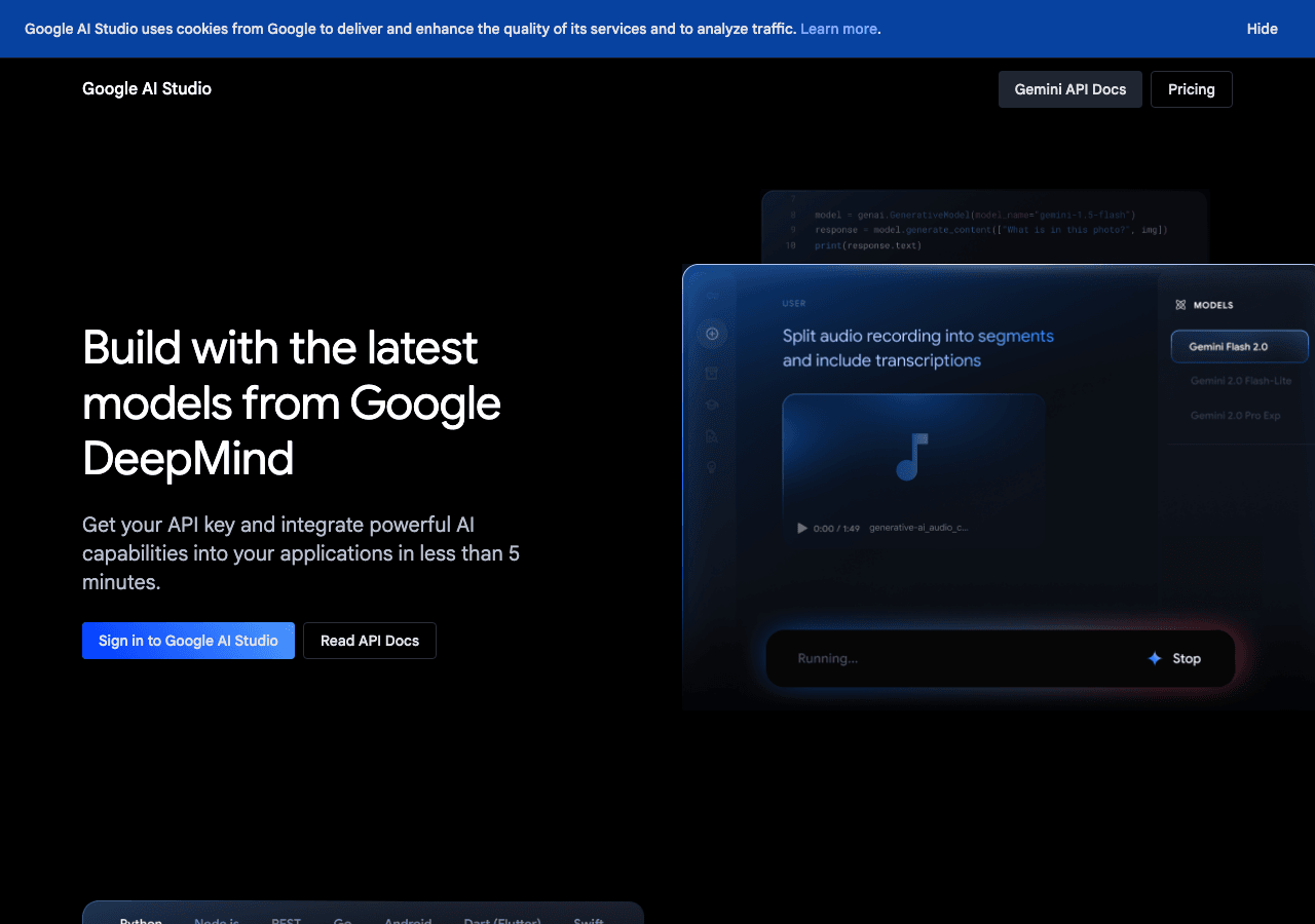 Google AI Studio Productivity & Collaboration showing Productivity & Collaboration - The fastest way to build AI-first applic