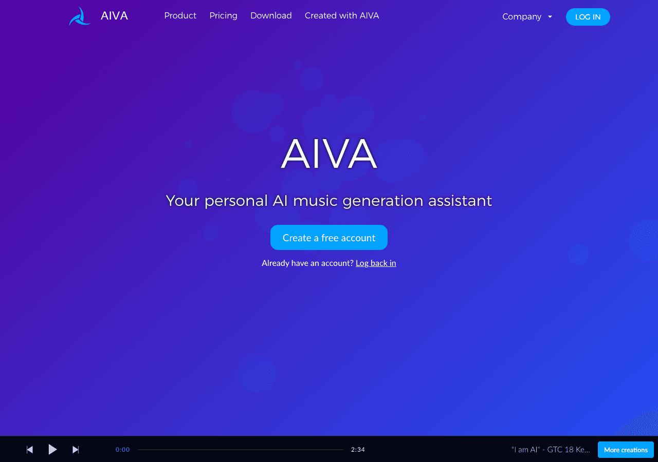 AIVA Music Generation showing ai music generation - Your personal AI music generation assistant