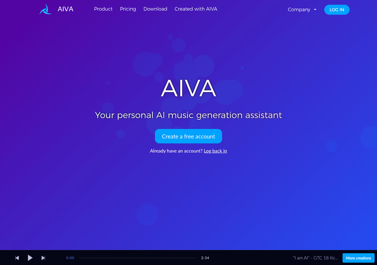 AIVA Music Generation showing Music Generation - Your personal AI music generation assistant