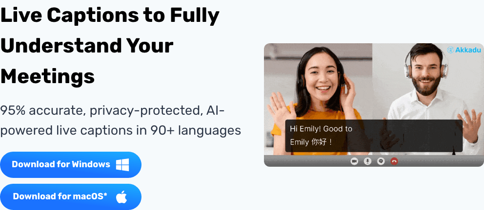 Akkadu Conversational AI showing Conversational AI - AI Live Captions: 90+ Languages, Accurate & Secure Software