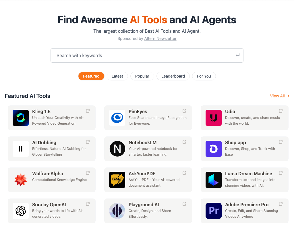 Altern Search & Discovery showing Search & Discovery - Discover the best AI tools for developers