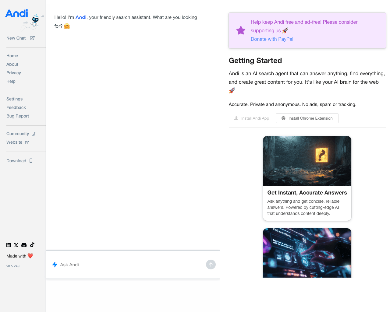 Andi Search & Discovery showing Search & Discovery - Get fast, accurate answers—no ads, no tracking.
