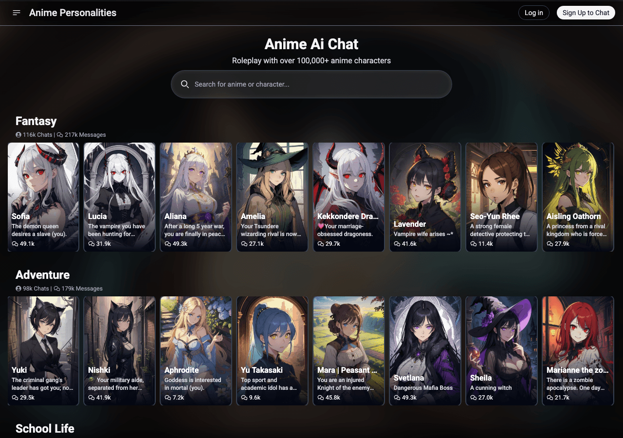 Anime AI Chat Conversational AI showing Conversational AI - Story-driven chat with original, anime-inspired characters