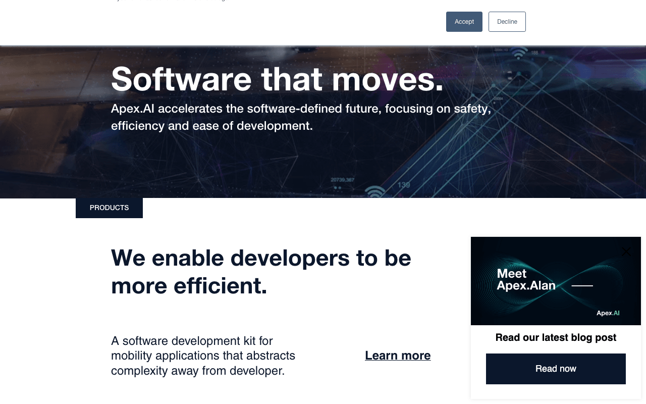 Apex.AI Code Assistance showing Code Assistance - Software that moves.
