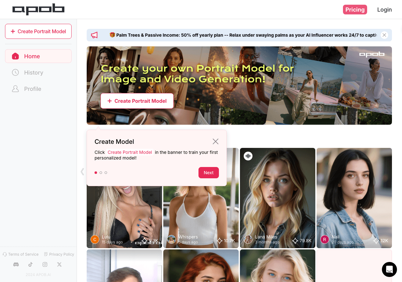 APOB.AI Image Generation showing Image Generation - Create hyper-realistic AI influencers, avatars, and videos with ease