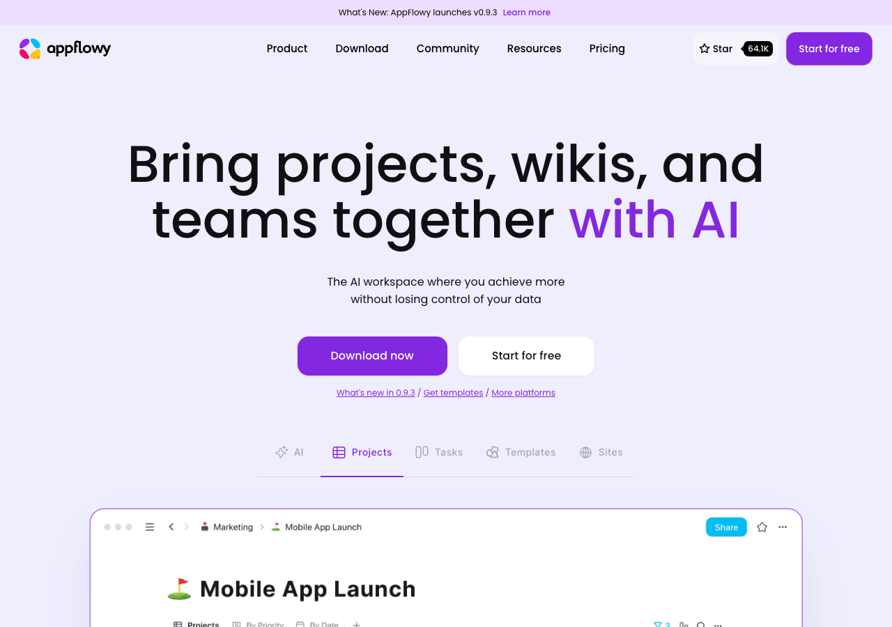 AppFlowy Productivity & Collaboration showing Productivity & Collaboration - Just ask AI. Your go-to teammate.