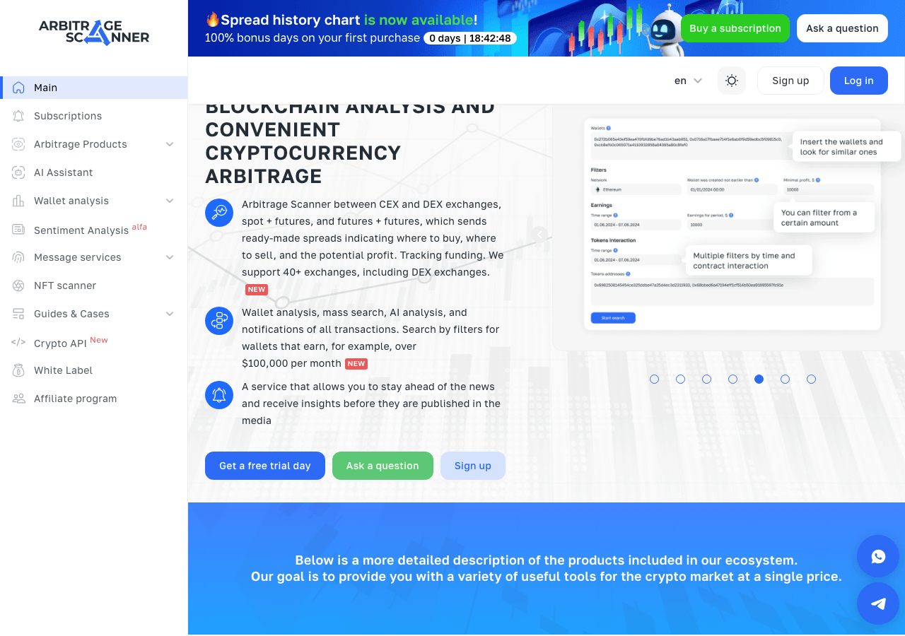 ArbitrageScanner.io Data Analytics showing Data Analytics - Unleash Arbitrage Opportunities